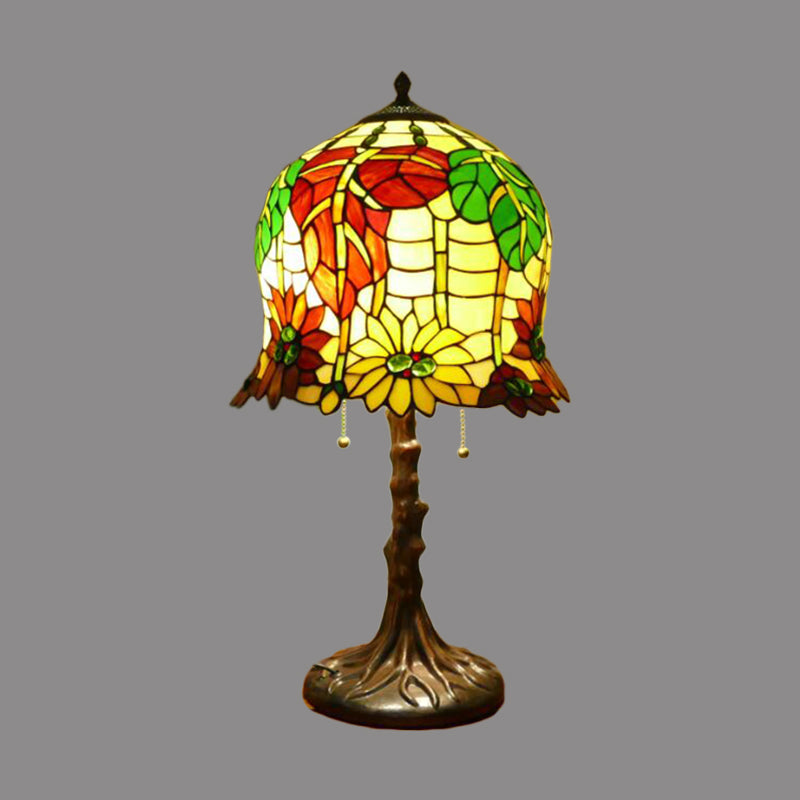 Victorian Bell Table Light 2 Heads Hand Cut Glass Blossom Patterned Nightstand Lamp in Yellow and Green with Pull Chain