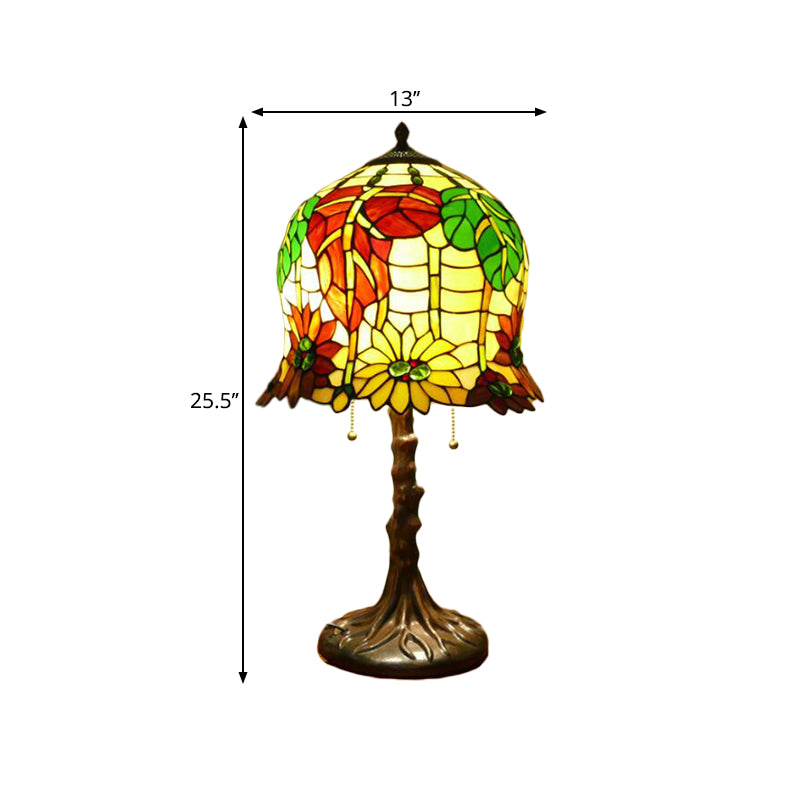 Victorian Bell Table Light 2 Heads Hand Cut Glass Blossom Patterned Nightstand Lamp in Yellow and Green with Pull Chain