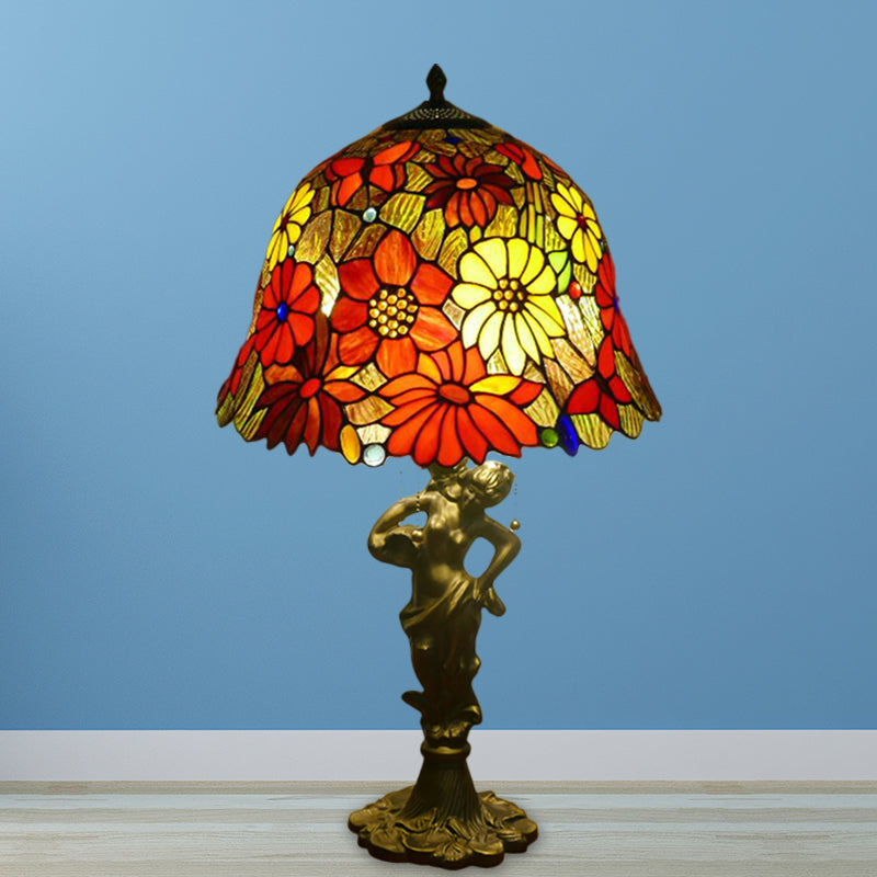 3 Heads Bell/Scalloped Night Lighting Baroque Gold Stained Glass Flower Patterned Task Lamp with Resin Naked Woman