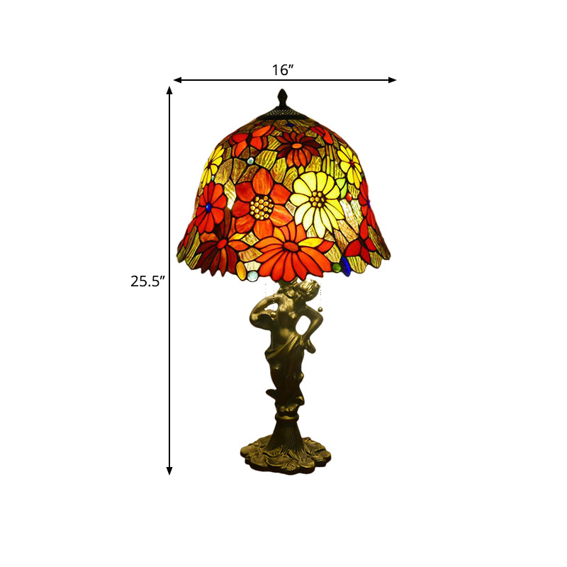 3 Heads Bell/Scalloped Night Lighting Baroque Gold Stained Glass Flower Patterned Task Lamp with Resin Naked Woman