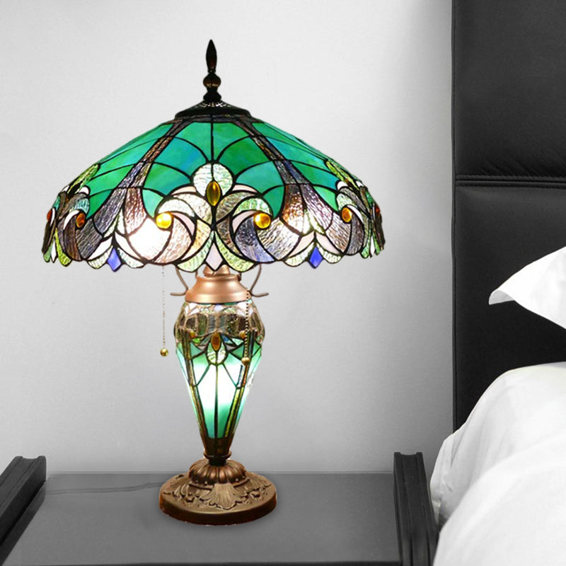 Green 3 Lights Task Lighting Mediterranean Hand Cut Glass Scalloped Dome Night Lamp with Teardrop Base