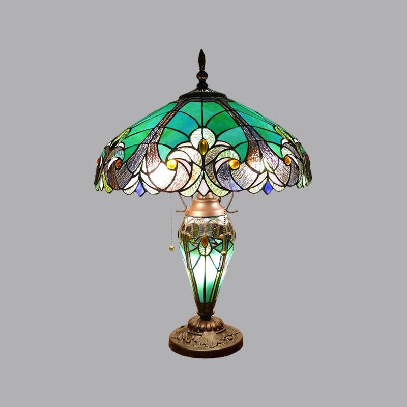 Green 3 Lights Task Lighting Mediterranean Hand Cut Glass Scalloped Dome Night Lamp with Teardrop Base