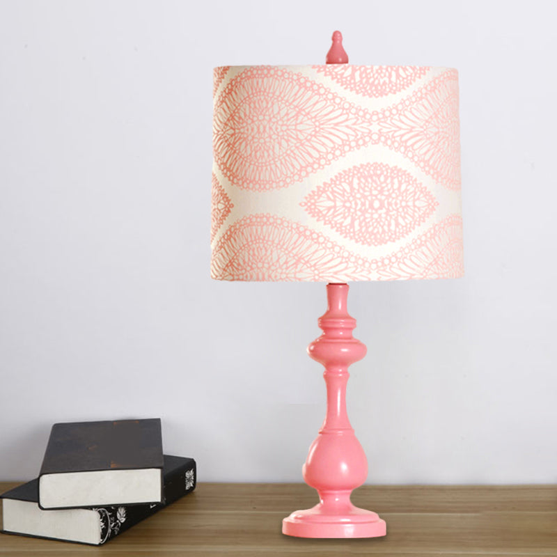 Macaron Barrel Night Lamp Fabric 1 Light Bedroom Task Lighting with Column Base in Pink