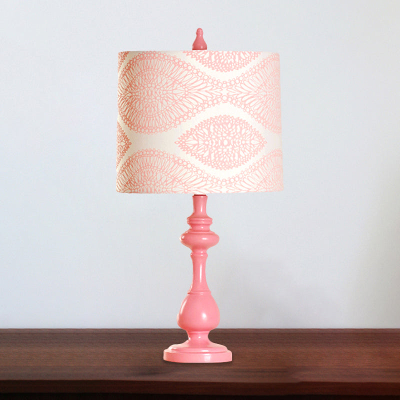 Macaron Barrel Night Lamp Fabric 1 Light Bedroom Task Lighting with Column Base in Pink