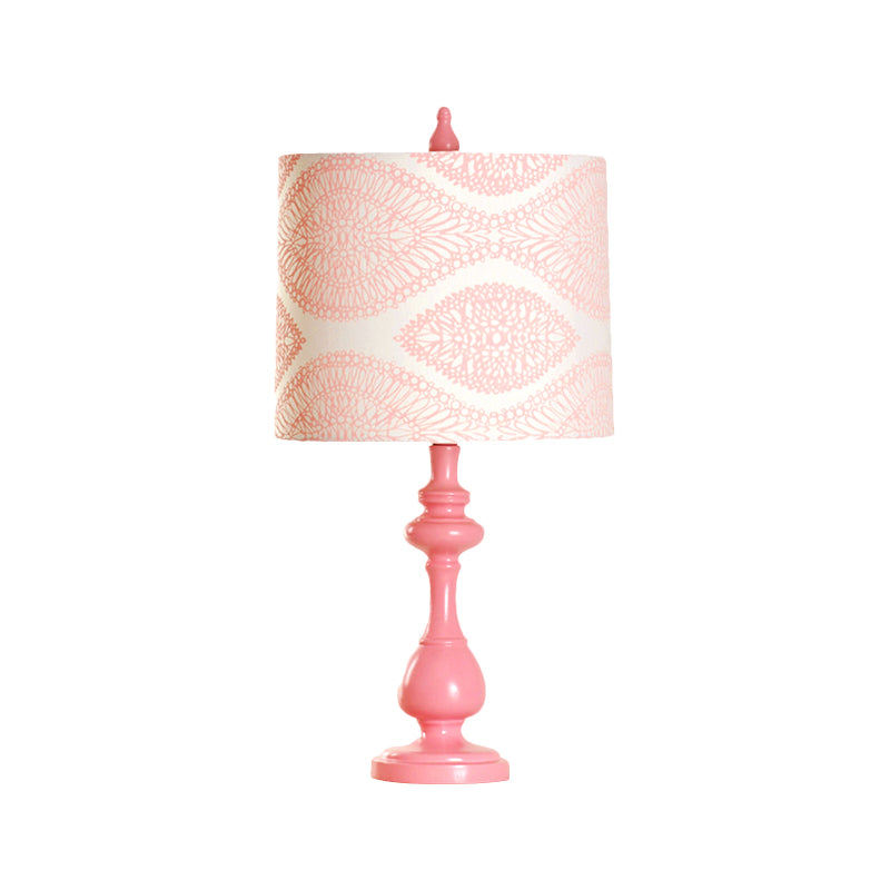 Macaron Barrel Night Lamp Fabric 1 Light Bedroom Task Lighting with Column Base in Pink