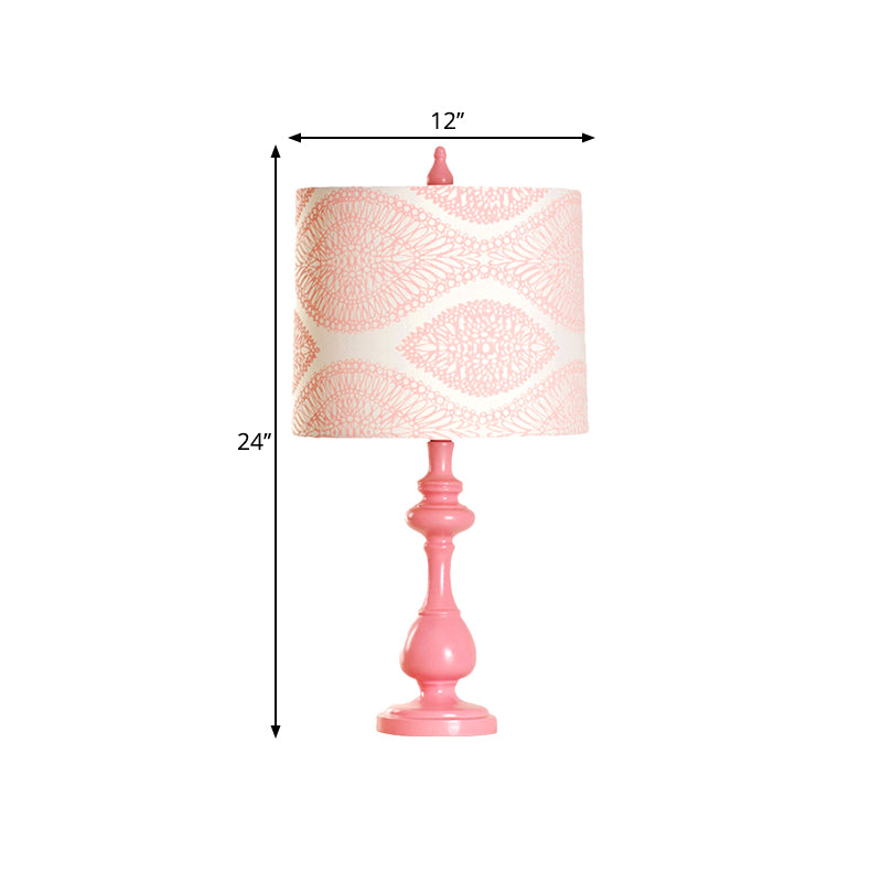 Macaron Barrel Night Lamp Fabric 1 Light Bedroom Task Lighting with Column Base in Pink