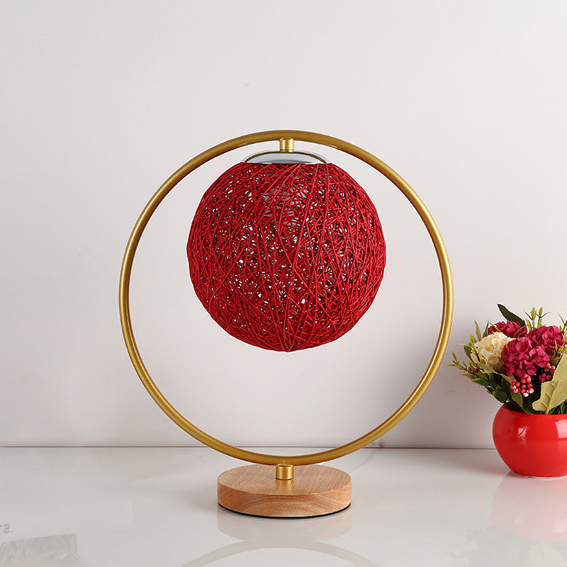 Beige/Red Sphere Desk Lamp Minimalism Single Head Fabric Night Lighting with Round Frame Design