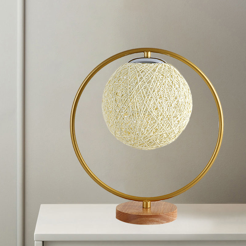 Beige/Red Sphere Desk Lamp Minimalism Single Head Fabric Night Lighting with Round Frame Design