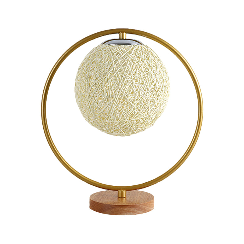 Beige/Red Sphere Desk Lamp Minimalism Single Head Fabric Night Lighting with Round Frame Design