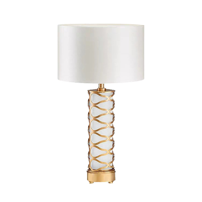 Drum Bedroom Night Table Lamp Classic Fabric 1-Head White Desk Light with Cylinder Base