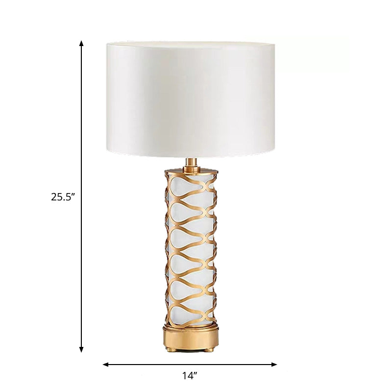 Drum Bedroom Night Table Lamp Classic Fabric 1-Head White Desk Light with Cylinder Base