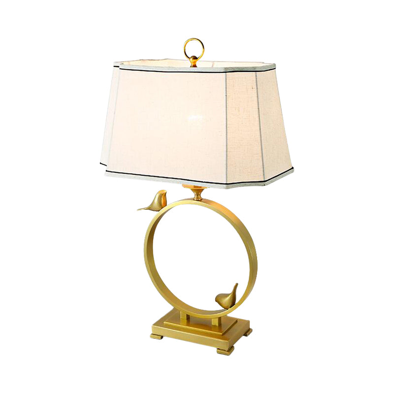 Fabric Brass Desk Lamp Paneled Cuboid 1 Light Rustic Style Night Lighting with Bird Deco