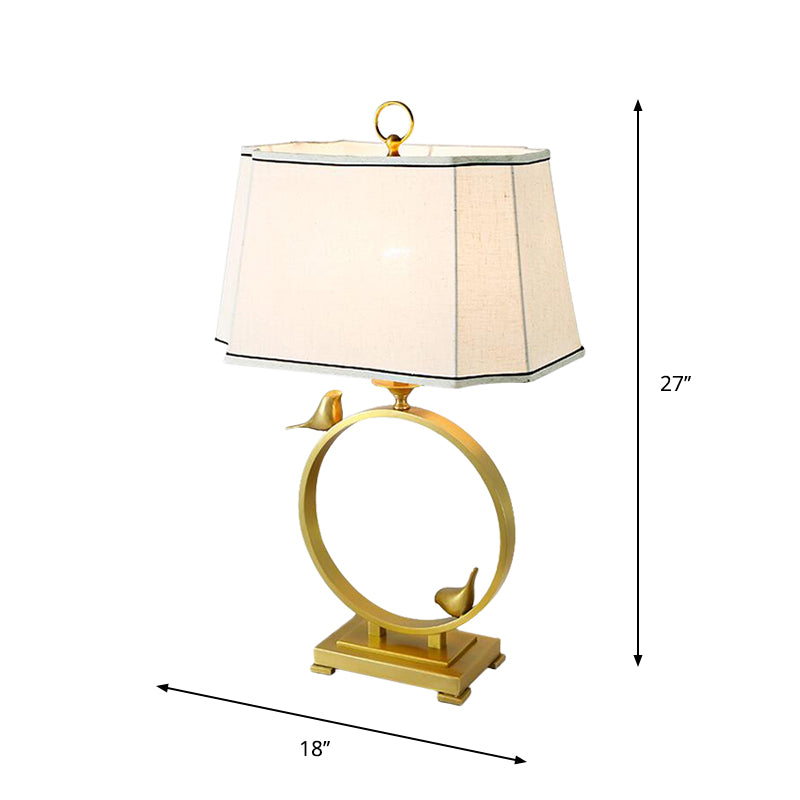 Fabric Brass Desk Lamp Paneled Cuboid 1 Light Rustic Style Night Lighting with Bird Deco