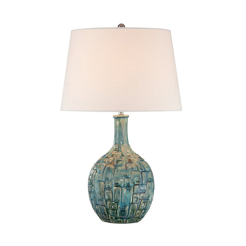 Rural Conical Nightstand Lighting 1-Bulb Fabric Shade Table Lamp with Vase Base in Blue