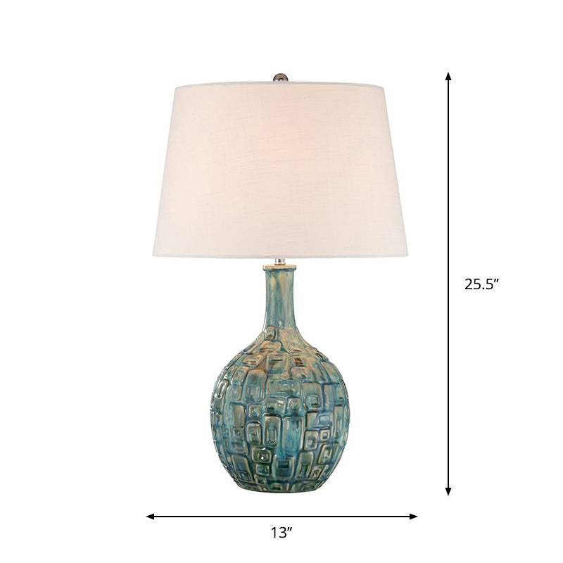 Rural Conical Nightstand Lighting 1-Bulb Fabric Shade Table Lamp with Vase Base in Blue