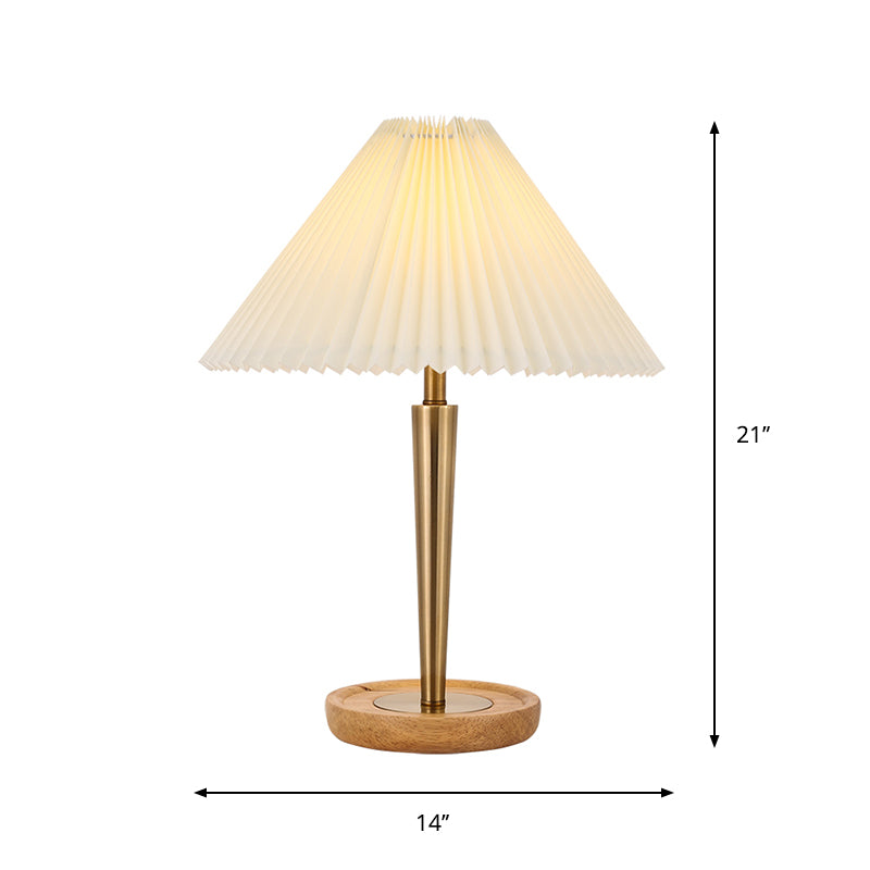 1 tête de table de nuit lampe à la lampe conique Éclairage de tâche en tissu plissé avec du bois rond piédestal en or