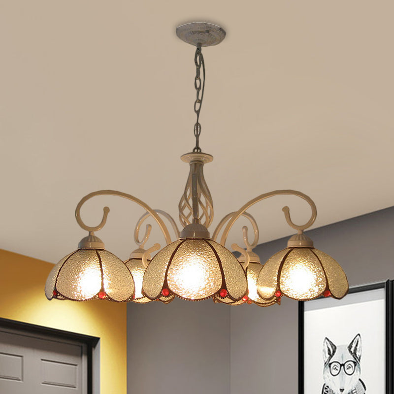 5 Bulbs Ceiling Chandelier Mediterranean Flower Frosted Glass Pendant Lighting Fixture in White with Swirled Arm