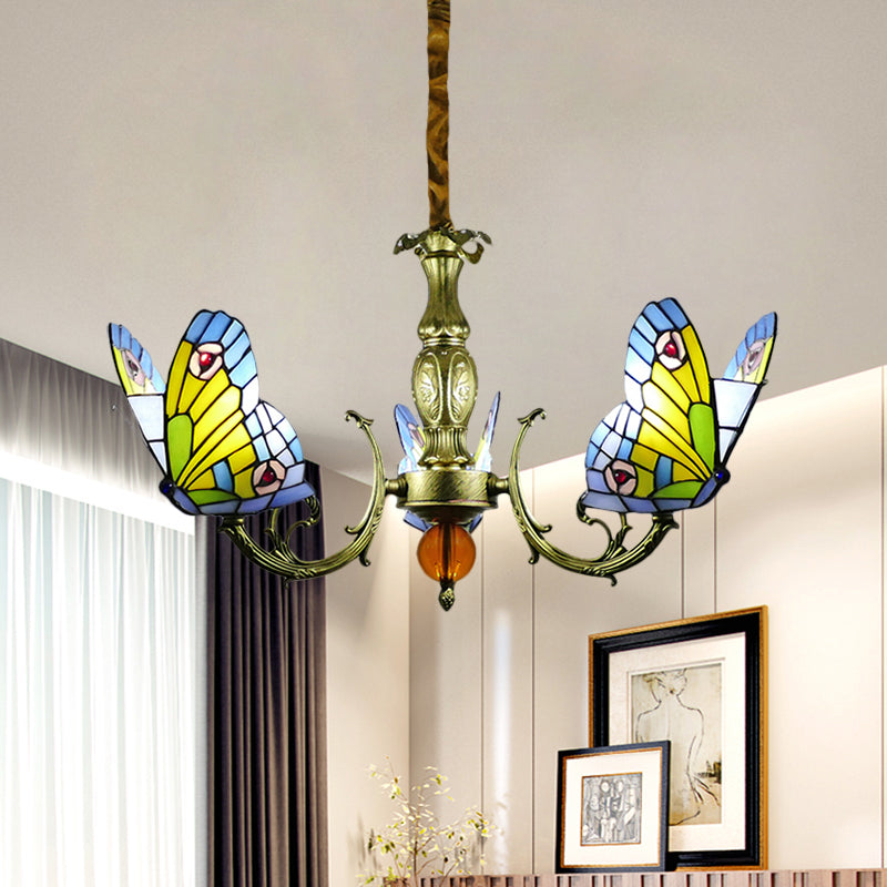 Butterfly Stained Glass Chandelier Lamp Tiffany 3/5 Bulbs Orange/Yellow and Green Suspension Light Fixture for Bedroom