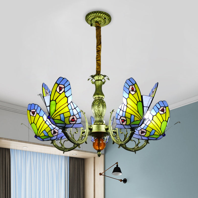 Butterfly Stained Glass Chandelier Lamp Tiffany 3/5 Bulbs Orange/Yellow and Green Suspension Light Fixture for Bedroom