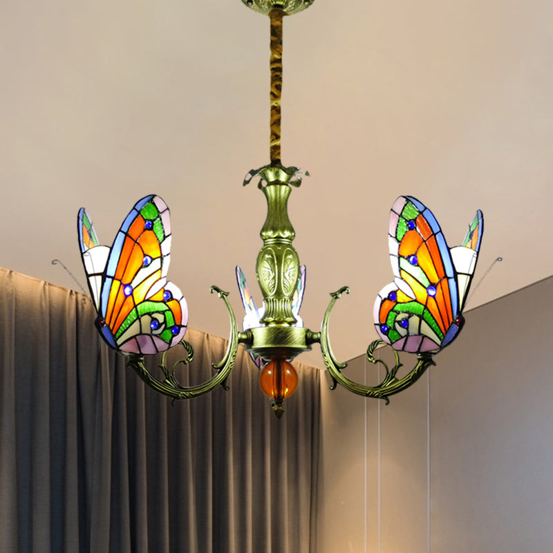 Butterfly Stained Glass Chandelier Lamp Tiffany 3/5 Bulbs Orange/Yellow and Green Suspension Light Fixture for Bedroom