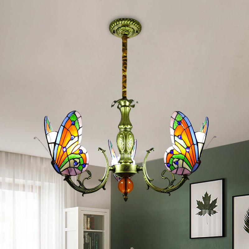 Butterfly Stained Glass Chandelier Lamp Tiffany 3/5 Bulbs Orange/Yellow and Green Suspension Light Fixture for Bedroom