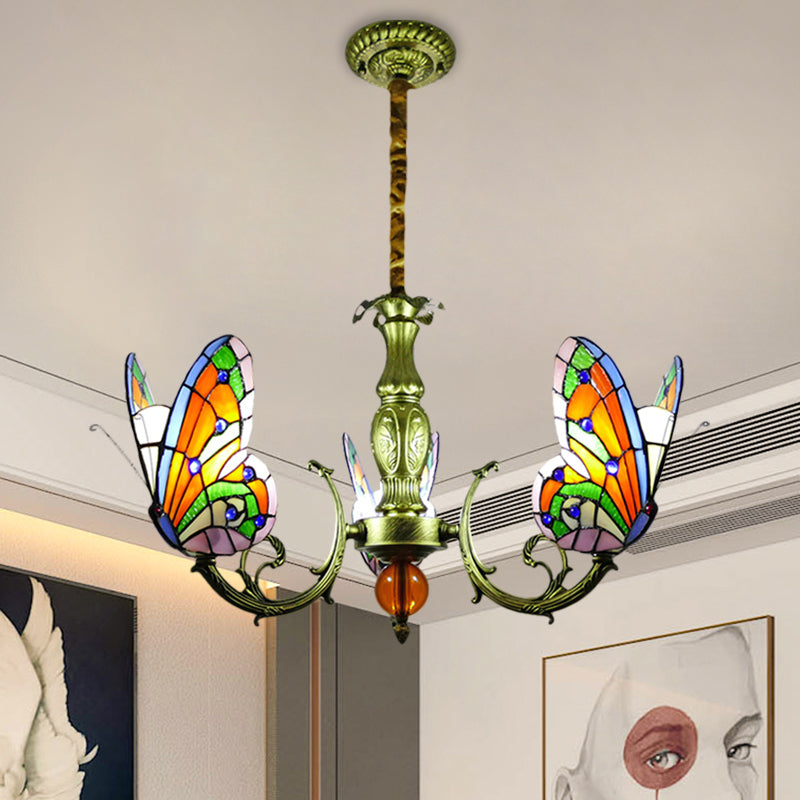 Butterfly Stained Glass Chandelier Lamp Tiffany 3/5 Bulbs Orange/Yellow and Green Suspension Light Fixture for Bedroom