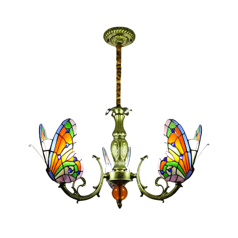 Butterfly Stained Glass Chandelier Lamp Tiffany 3/5 Bulbs Orange/Yellow and Green Suspension Light Fixture for Bedroom