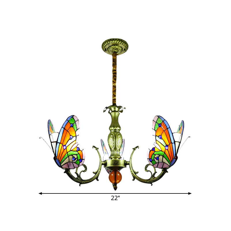 Butterfly Stained Glass Chandelier Lamp Tiffany 3/5 Bulbs Orange/Yellow and Green Suspension Light Fixture for Bedroom