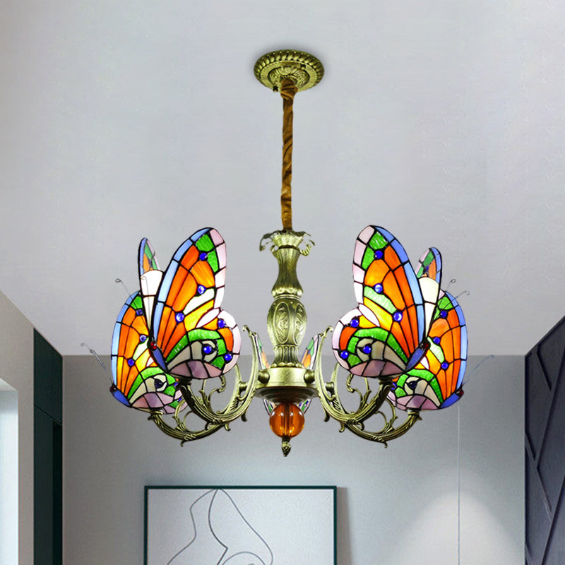 Butterfly Stained Glass Chandelier Lamp Tiffany 3/5 Bulbs Orange/Yellow and Green Suspension Light Fixture for Bedroom