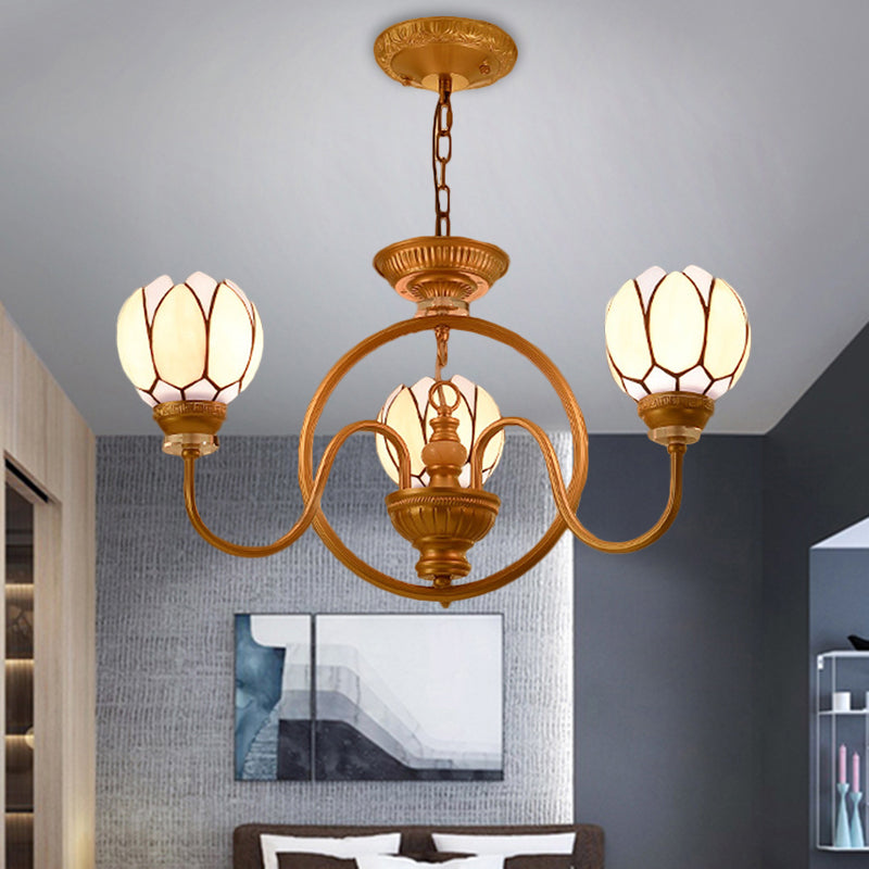 3/5 Bulbs Dining Room Chandelier Lamp Tiffany Gold Pendant Light with Flower Hand Cut Glass Shade