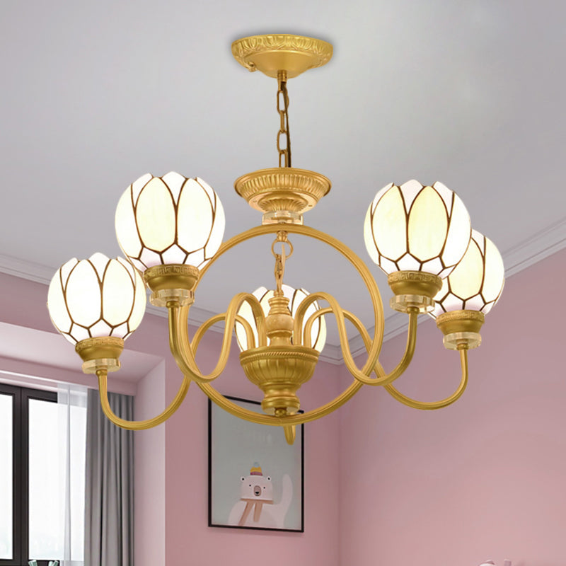 3/5 Bulbs Dining Room Chandelier Lamp Tiffany Gold Pendant Light with Flower Hand Cut Glass Shade