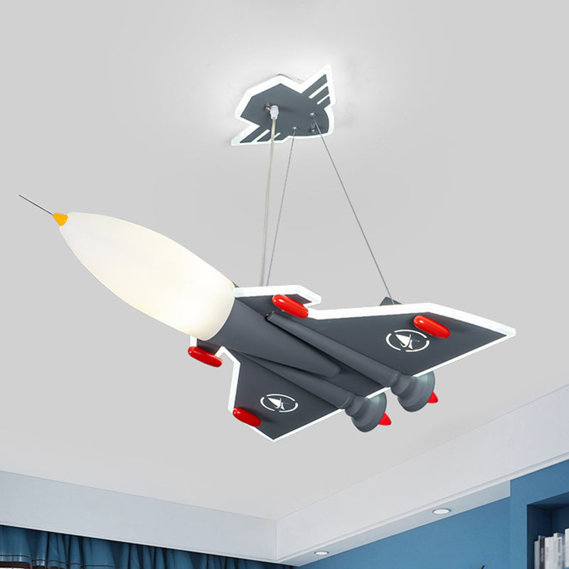 1-Bulb Kids Room Ceiling Pendant Light Cartoon Grey Chandelier with Aircraft Acrylic Shade