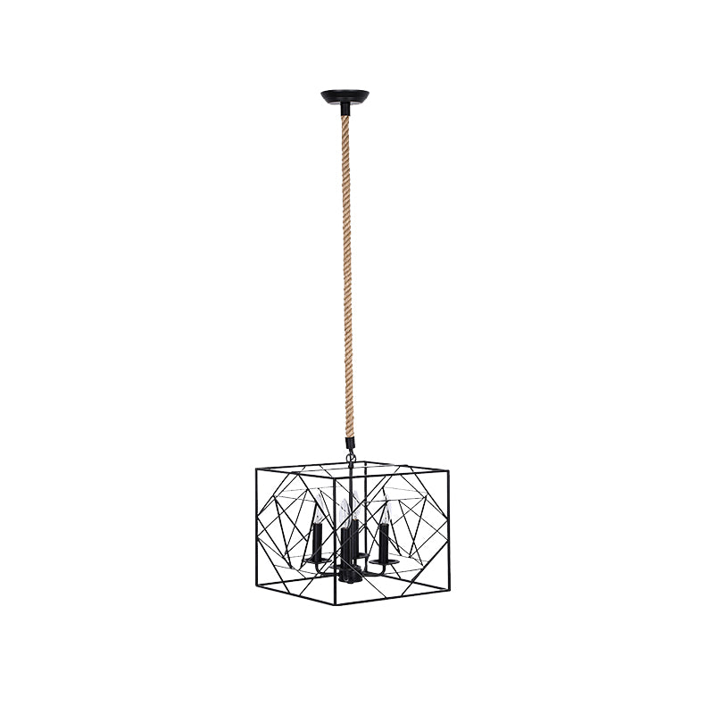 4 Heads Metallic Chandelier Lamp Warehouse Black Cubic Frame Dining Room Pendant with Candlestick Design