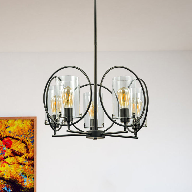 Cylinder Parlor Suspension Pendant Farmhouse Clear Glass 5 Lights Black Chandelier with Hoop Design