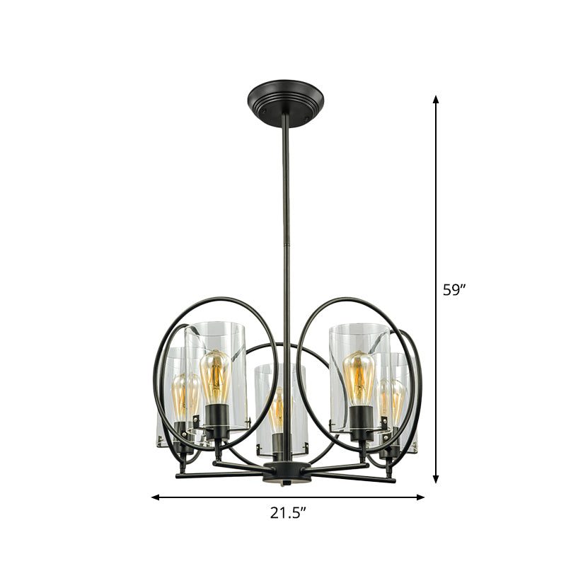 Cylinder Parlor Suspension Pendant Farmhouse Clear Glass 5 Lights Black Chandelier with Hoop Design