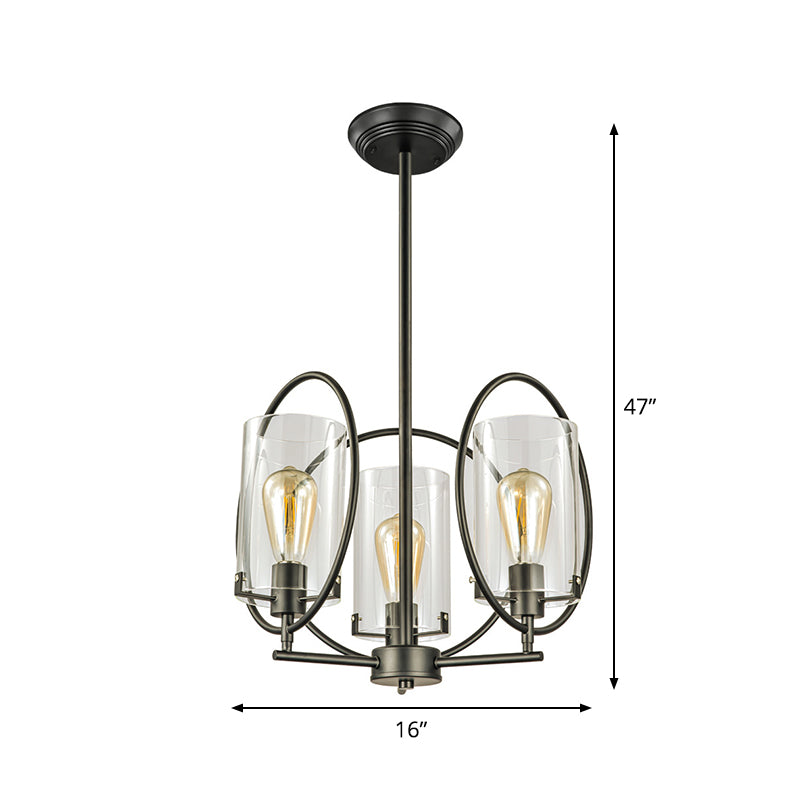 Black 3 Bulbs Hanging Chandelier Industrial Clear Glass Cylindrical Ceiling Pendant Light