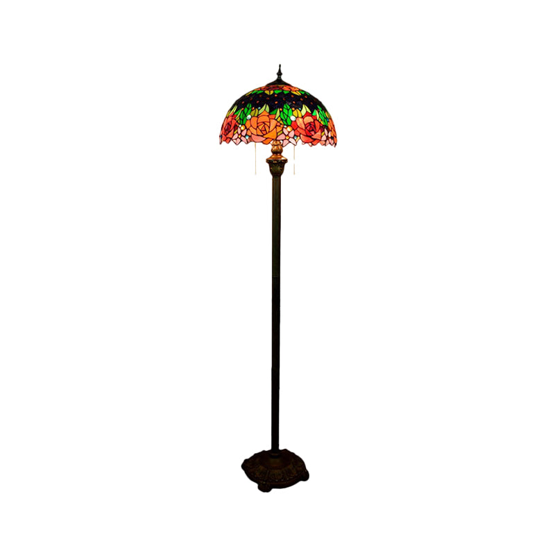 Floral Floor Lighting Tiffany Hand Cut Glass 2 Lights Green Finish Pull Chain Stand Lamp with Dome Shade