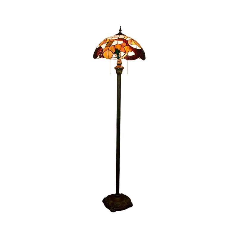 Baroque Scalloped Floor Lamp 2-Bulb Cut Glass Leaf and Grape Patterned Standing Light in Brass with Pull Chain