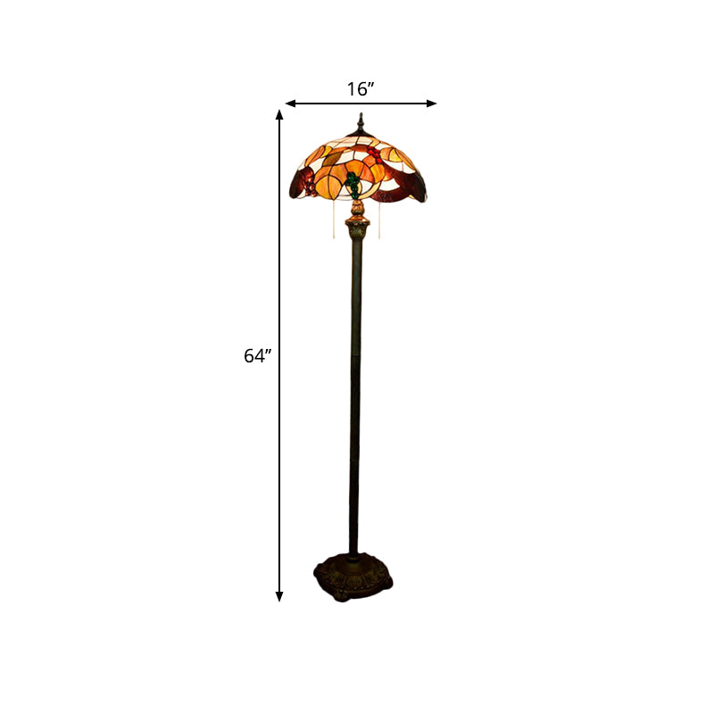 Baroque Scalloped Floor Lamp 2-Bulb Cut Glass Leaf and Grape Patterned Standing Light in Brass with Pull Chain