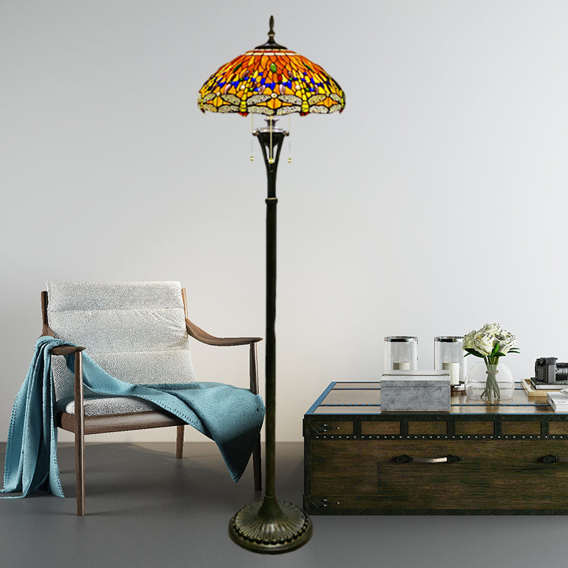 Gebrandschilderde glazen libel leesvloer lamp barok 3 koppen geel/blauw/groene trekketting opstaan ​​licht met koepelvormige schaduw