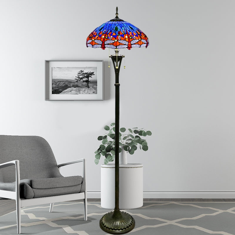 Gebrandschilderde glazen libel leesvloer lamp barok 3 koppen geel/blauw/groene trekketting opstaan ​​licht met koepelvormige schaduw