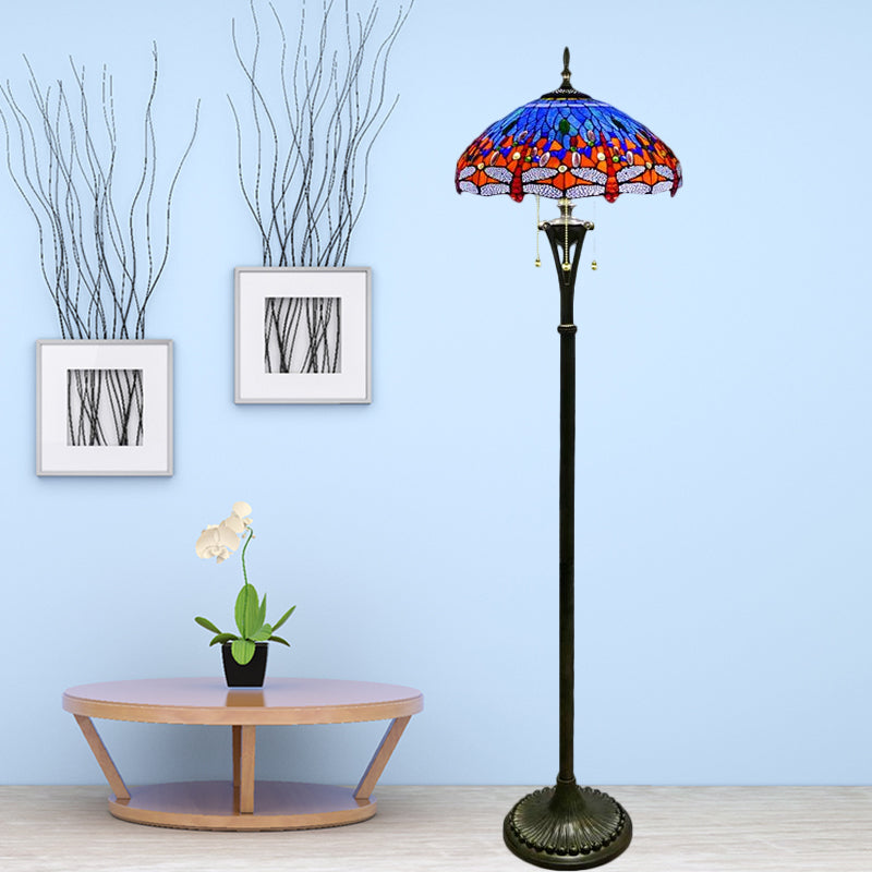 Ligne de libellule en vitrail lampadaire Baroque 3 têtes Chaîne de traction jaune / bleu / vert Stand Up Light avec de l'ombre en forme