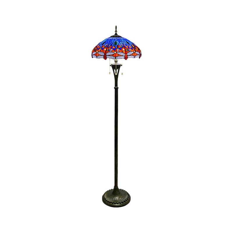 Stained Glass Dragonfly Reading Floor Lamp Baroque 3 Heads Yellow/Blue/Green Pull Chain Stand Up Light with Domed Shade