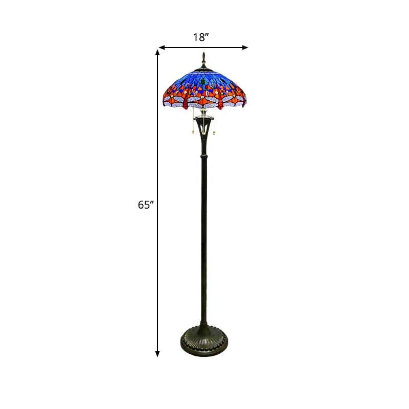 Stained Glass Dragonfly Reading Floor Lamp Baroque 3 Heads Yellow/Blue/Green Pull Chain Stand Up Light with Domed Shade