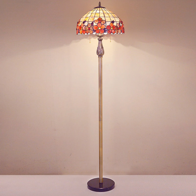 Shell Red Standing Floor Lamp Lattice Bowl 2 Lights Mediterranean Stand Up Light with Flower Pattern