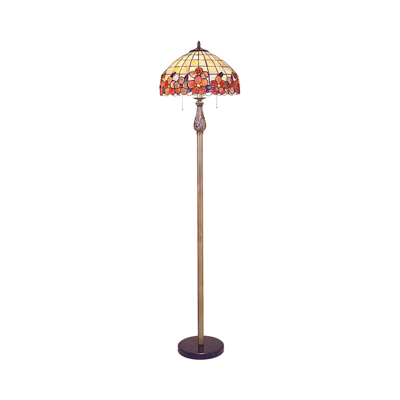 Shell Red Standing Floor Lamp Lattice Bowl 2 Lights Mediterranean Stand Up Light with Flower Pattern