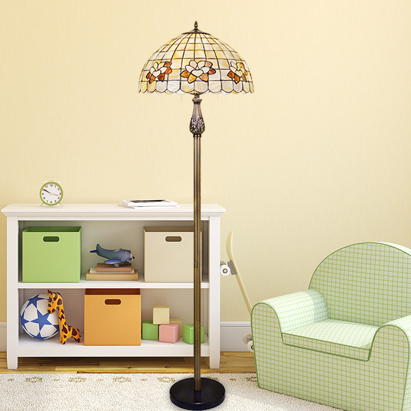 2-Head Bedroom Standing Floor Light Victorian White Floral Patterned Floor Lighting with Bowl Shell Shade