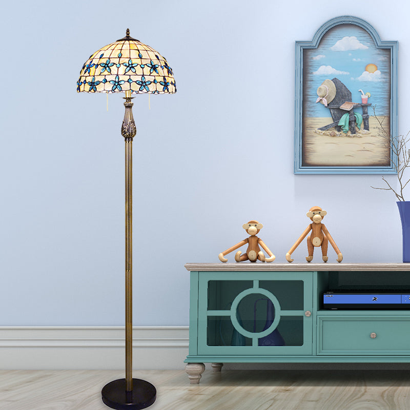 Grid Dome Standing Floor Lighting 2 Heads Shell Baroque Floor Lamp in Blue with Floret Pattern