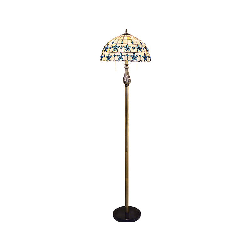 Grid Dome Standing Floor Lighting 2 Heads Shell Baroque Floor Lamp in Blue with Floret Pattern