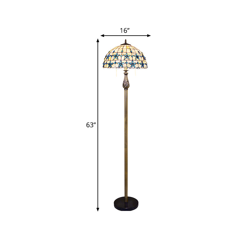 Grid Dome Standing Floor Lighting 2 Heads Shell Baroque Floor Lamp in Blue with Floret Pattern